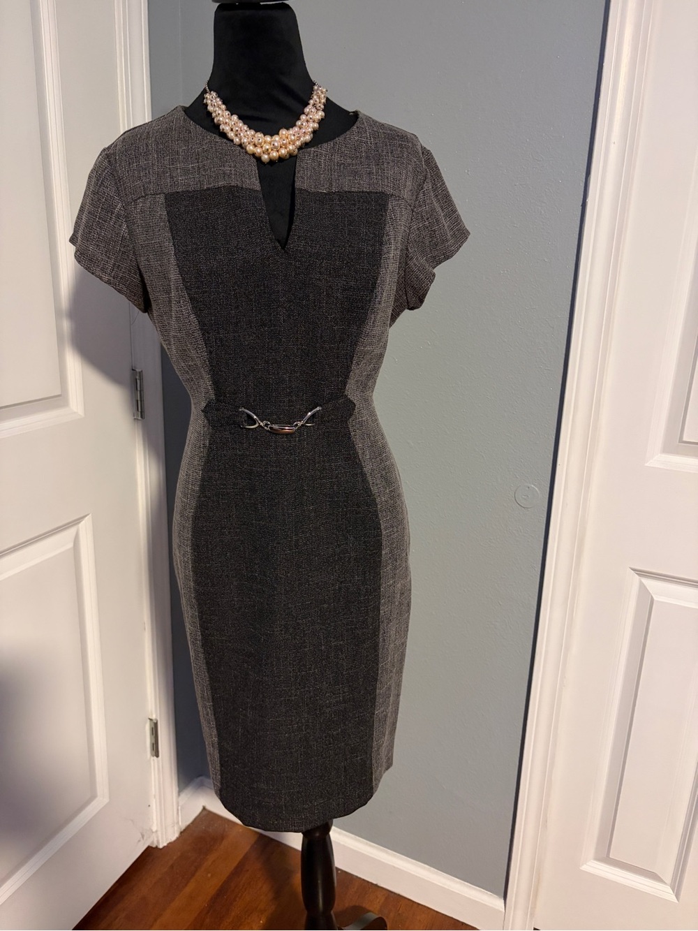 Classic Gray Sheath Dress with Contrast Panels